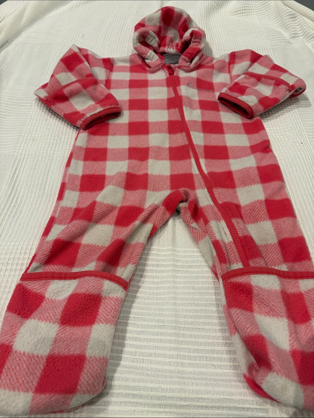 Columbia Infants Pink Buffalo Plaid Fleece One-Piece Hooded Coverall
Size 24 mo.